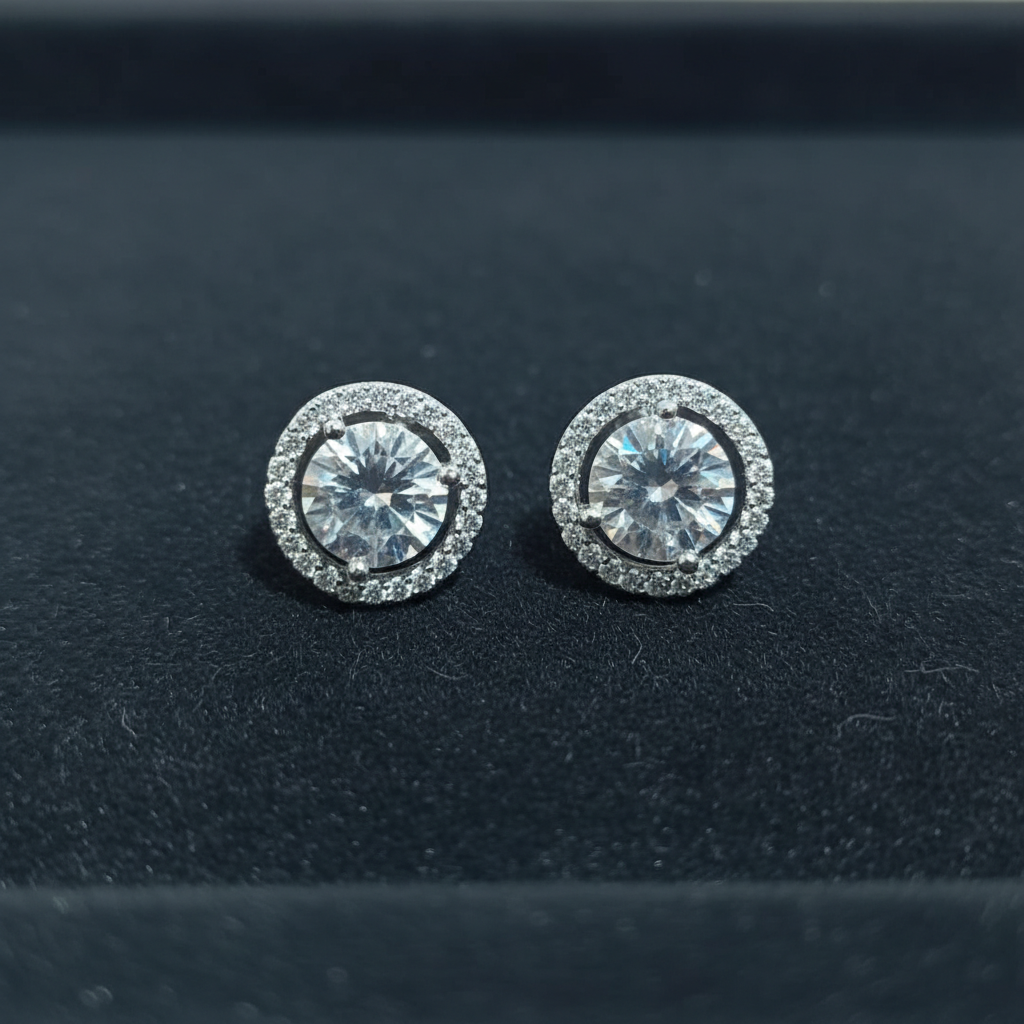 Round Silver Halo Stud Earrings