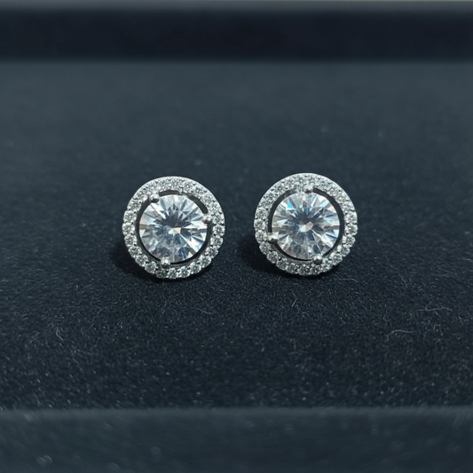 Round Silver Halo Stud Earrings